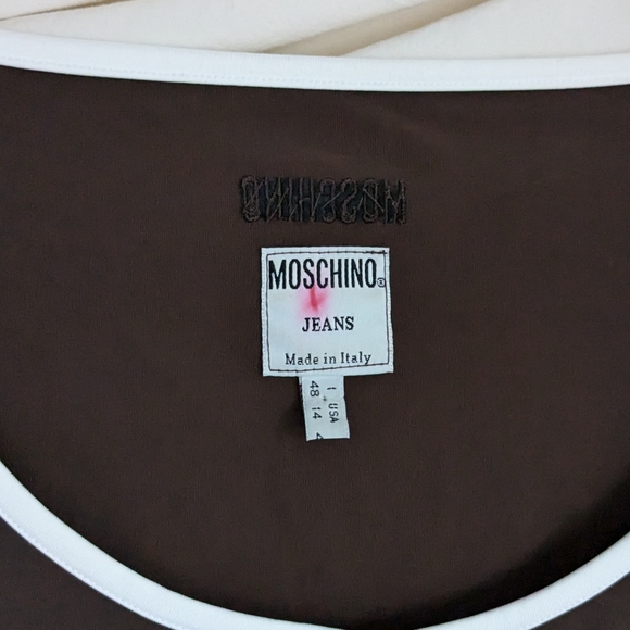 MOSCHINO Chocolate Brown White Trim Cutout Short Sleeve Stretchy Tee L 14 - Picture 3 of 3